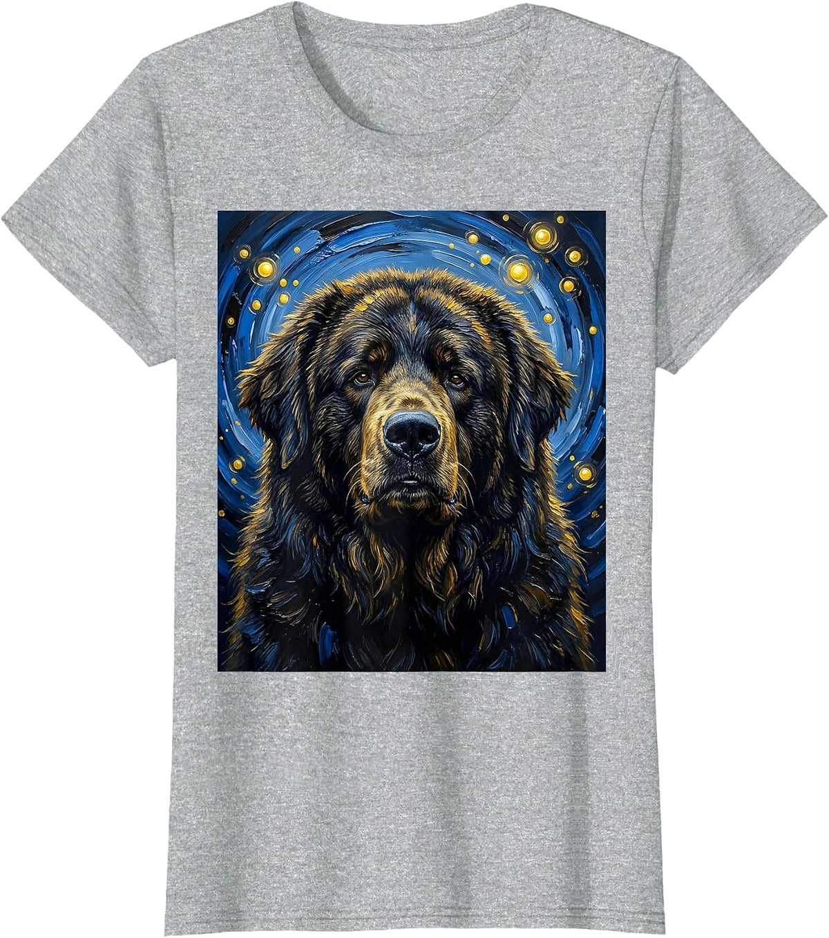 Women's Newfoundland Dog Van Gogh Style Starry Night Portrait T-Shirt - Heather Grey