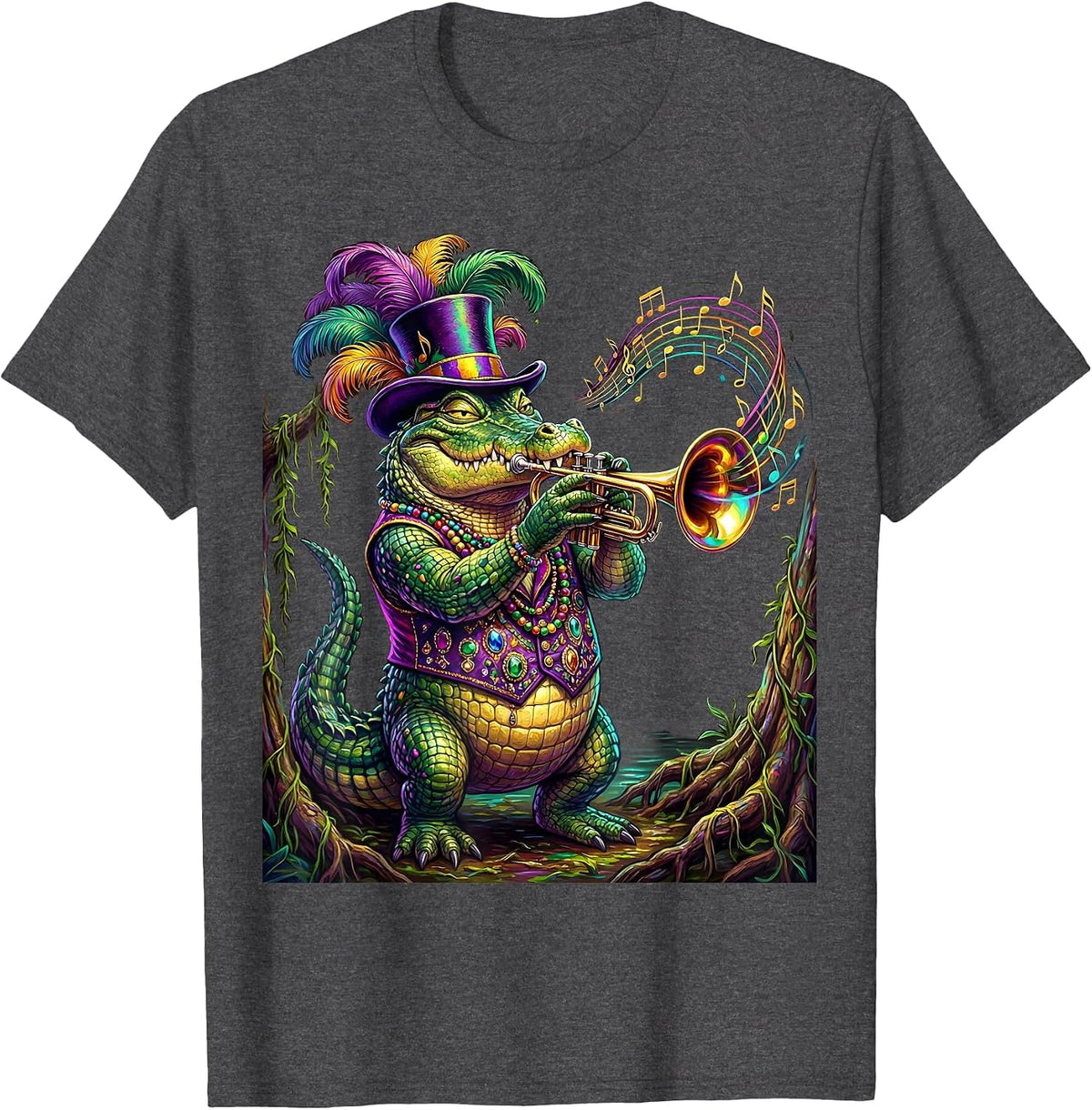 Men's Mardi Gras Jazz Crocodile Swamp Illustration T-Shirt - Dark Heather Grey