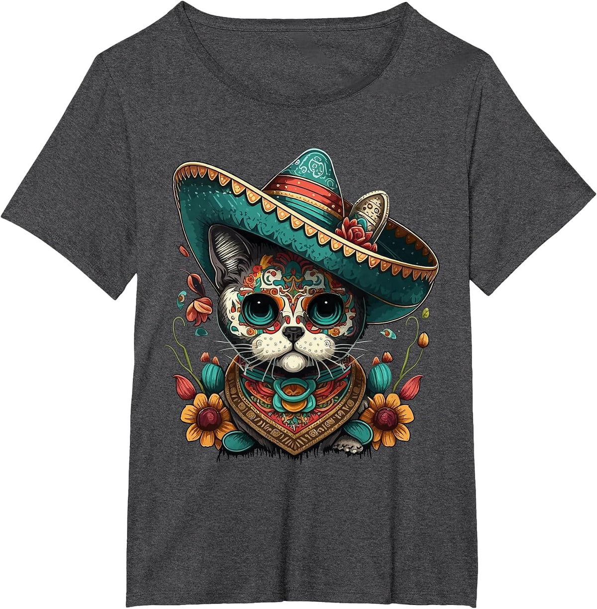 Mexican Cinco De Mayo Sugar Skull Sombrero Cat T-Shirt - Dark Heather Grey