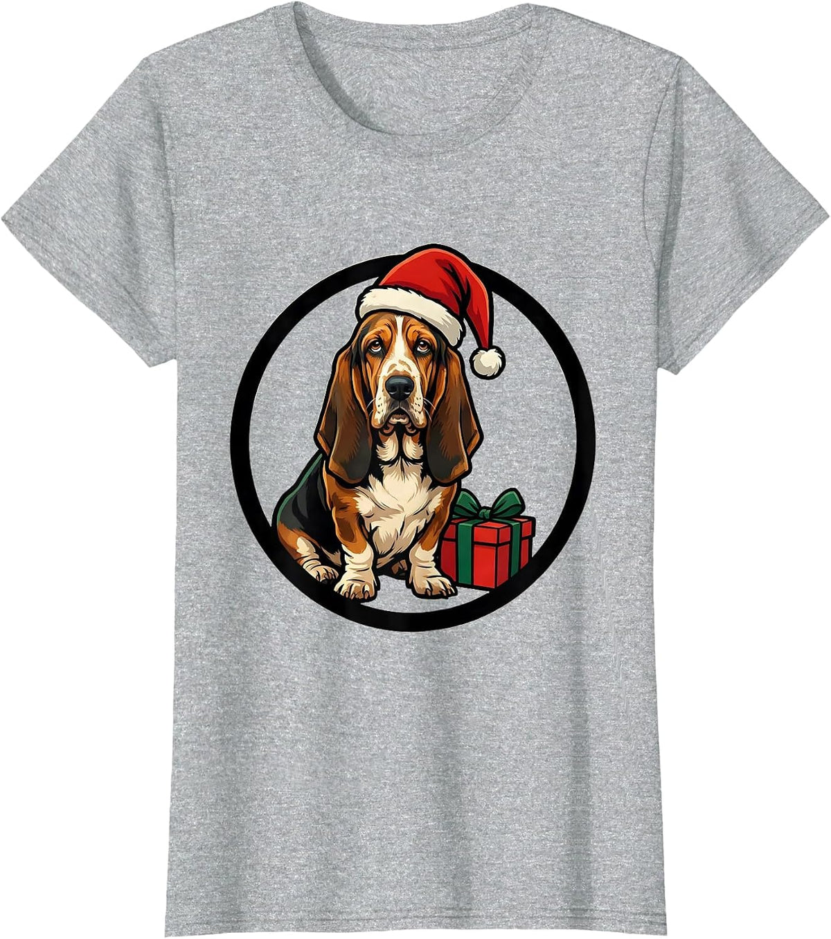 Basset Hound Christmas Badge Santa Hat Dog Lover Gift T-Shirt - Heather Grey
