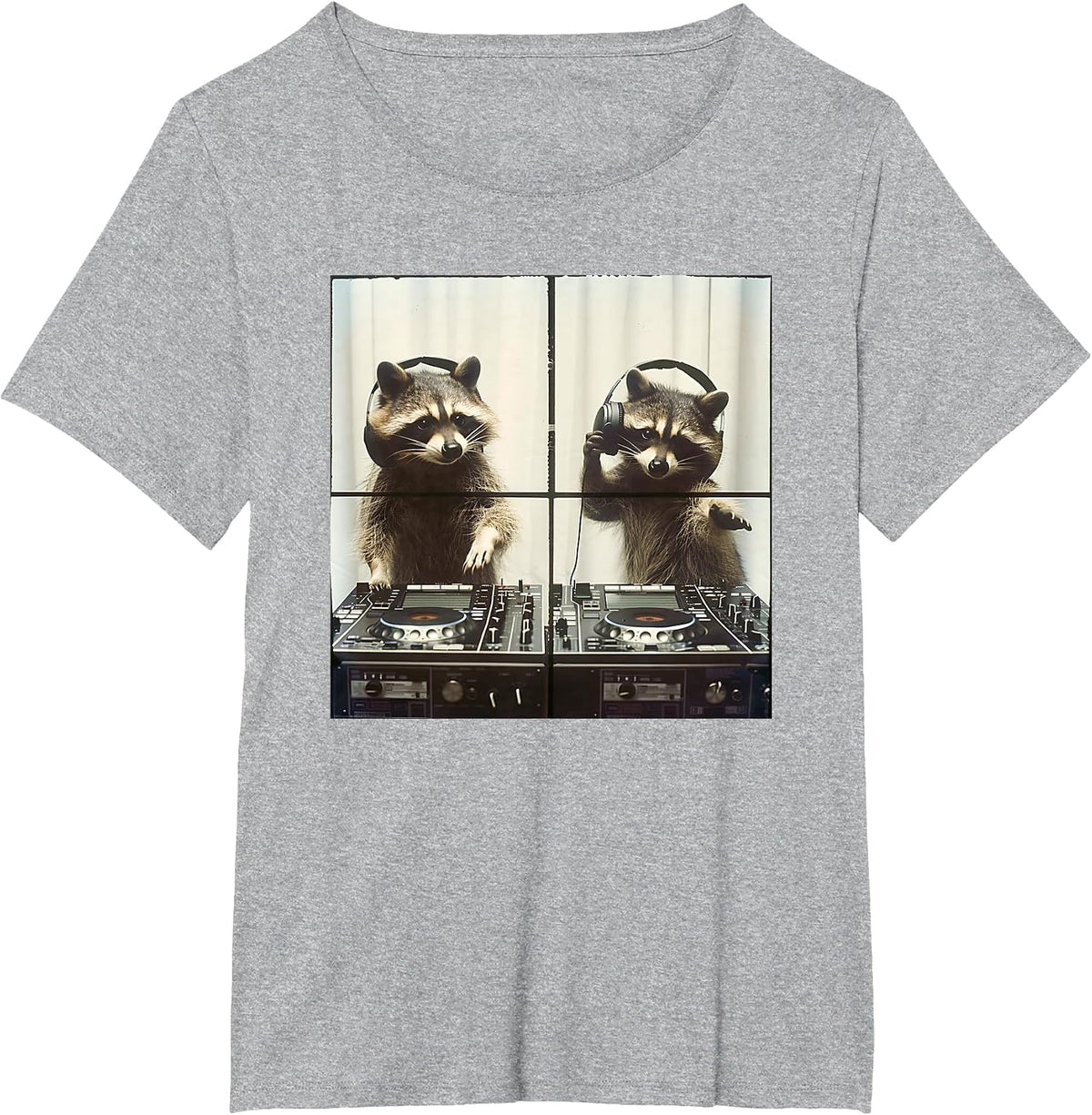 Hip Hop Raccoon Scratching Vinyl Raccoon DJ T-Shirt - Heather Grey