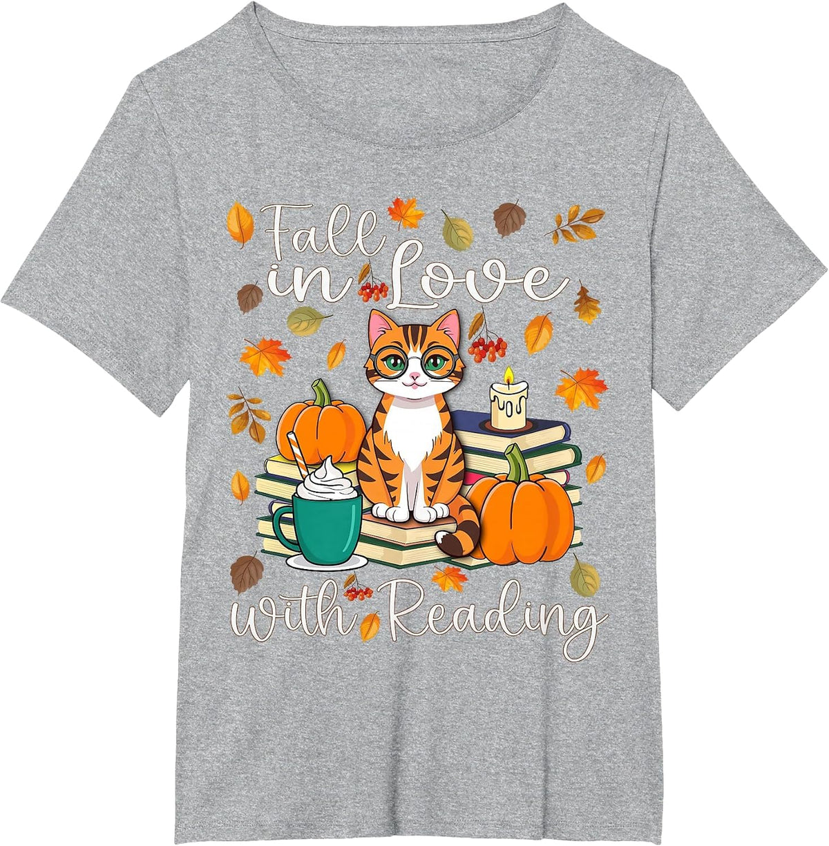 Cat Fall in Love with Reading Book Lover Autumn T-Shirt - Heather Grey