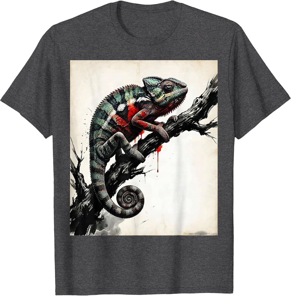 Men's Chameleon on Branch Vibrant Color Change Art T-Shirt - Dark Heather Grey