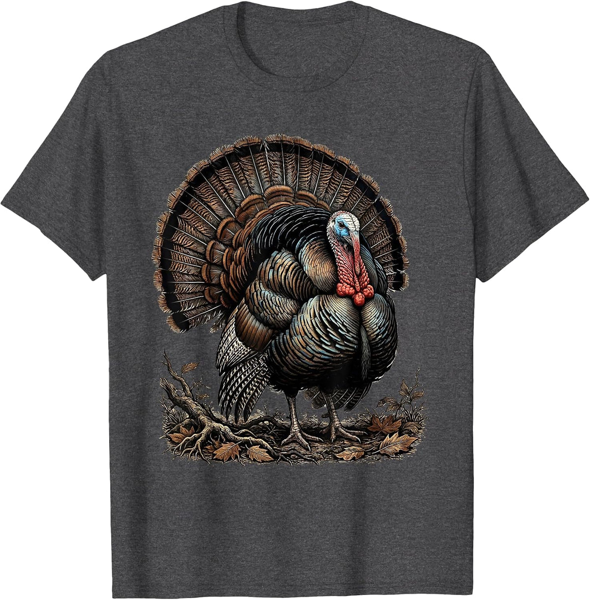 Men's Wild Turkey Fanning Feathers Forest Hunting Design T-Shirt - Dark Heather Grey