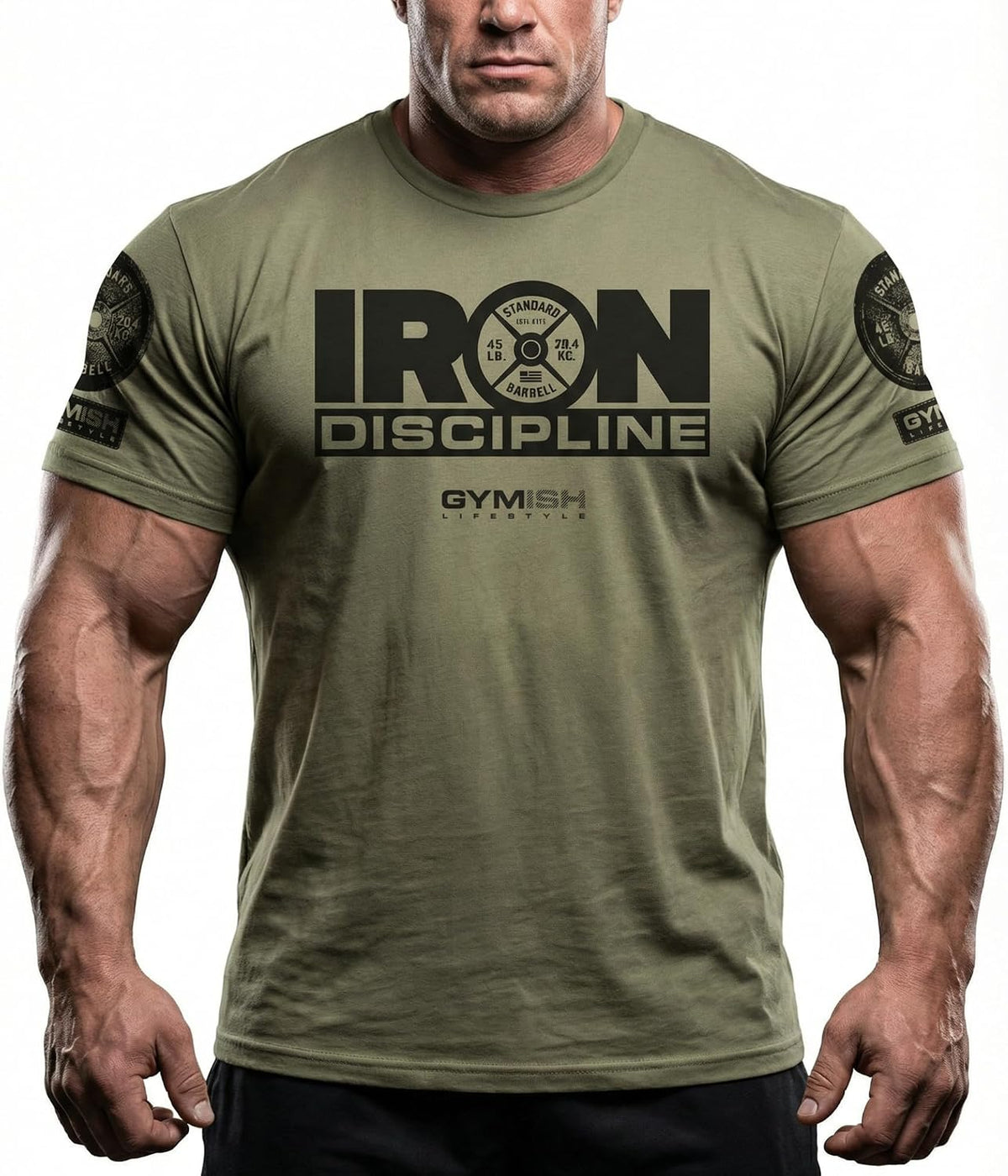 Gymish Lifestyle Iron Discipline Gym Shirt for Men, Strength Training Tee - 1. Iron Discipline Military Green Branded