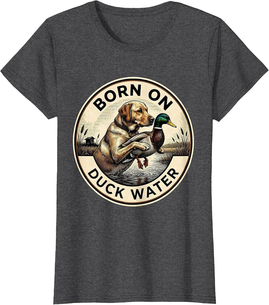 Women's Born On Duck Water Vintage Hunting Dog Waterfowl Pride T-Shirt - Dark Heather Grey