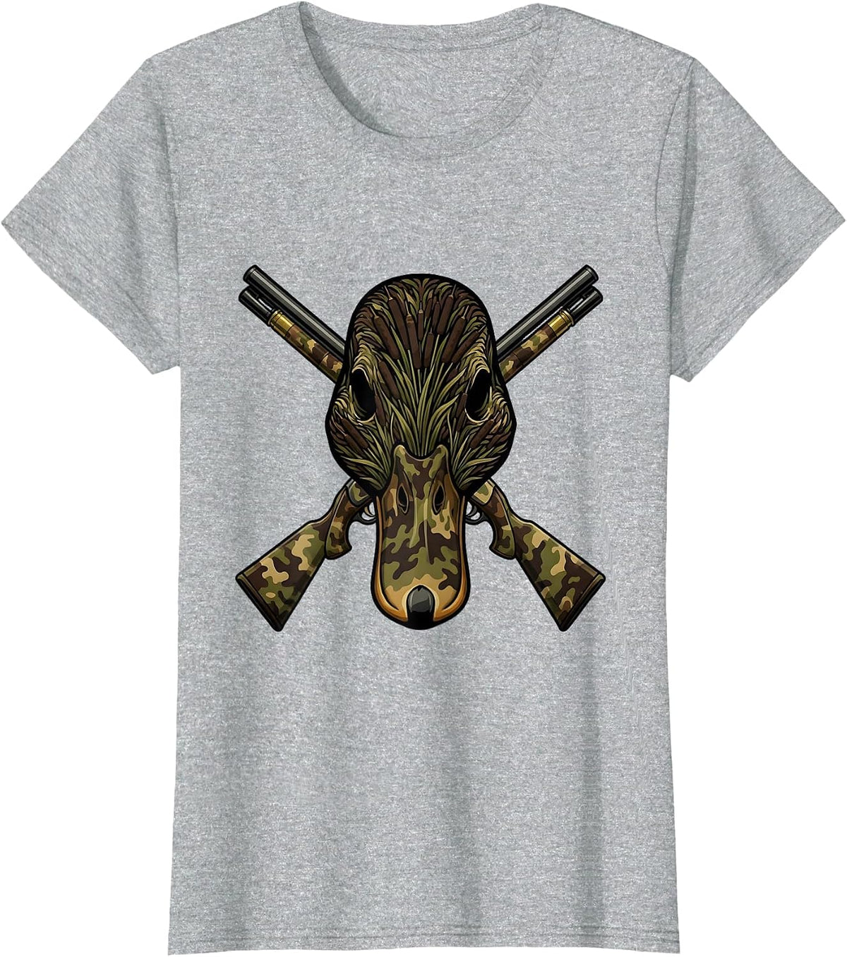Women's Duck Camo Skull Crossed Shotgun Shells Design T-Shirt - Heather Grey