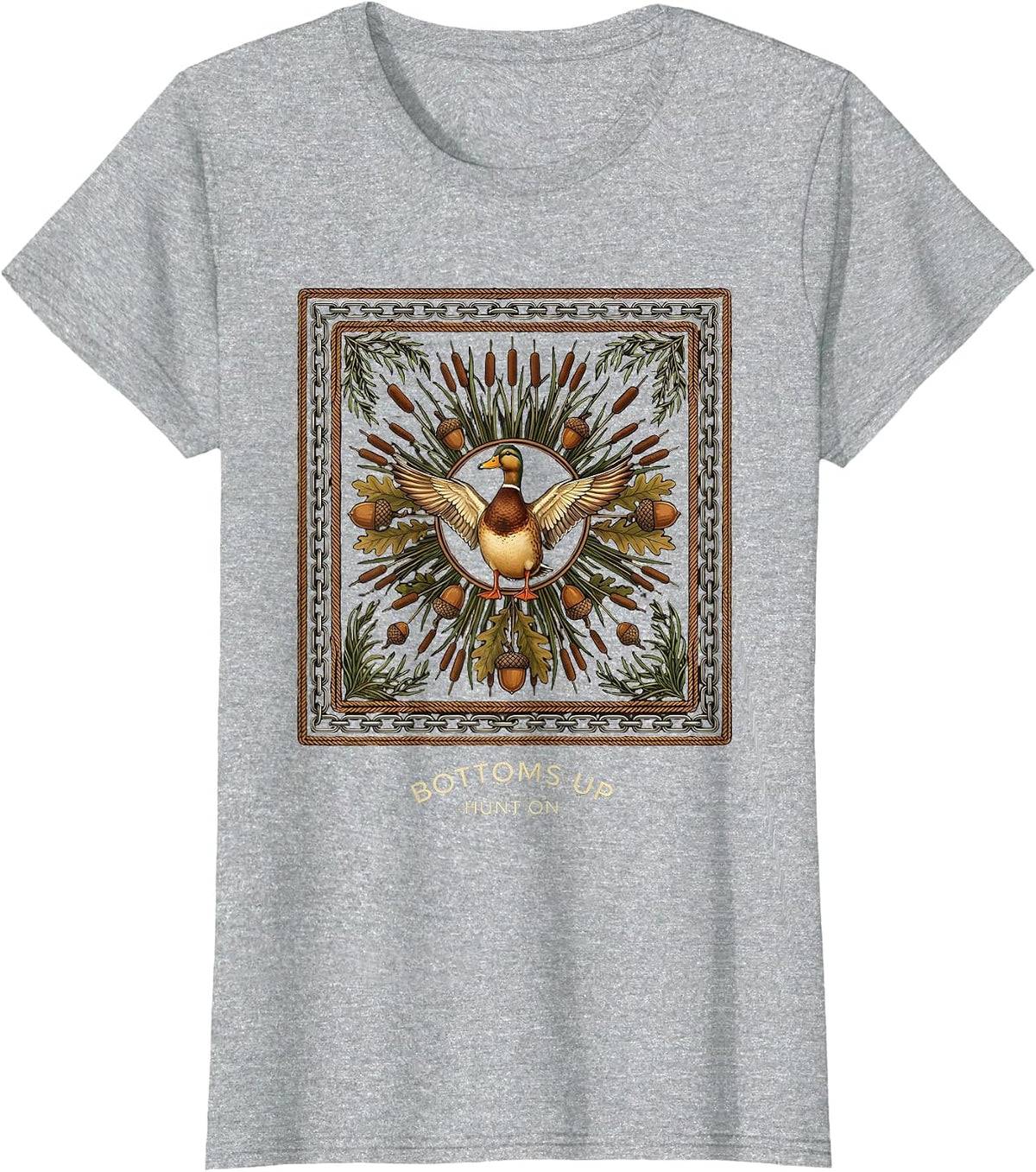 Women's Bottoms Up Hunt On Bottomland Camo Design T-Shirt - Heather Grey