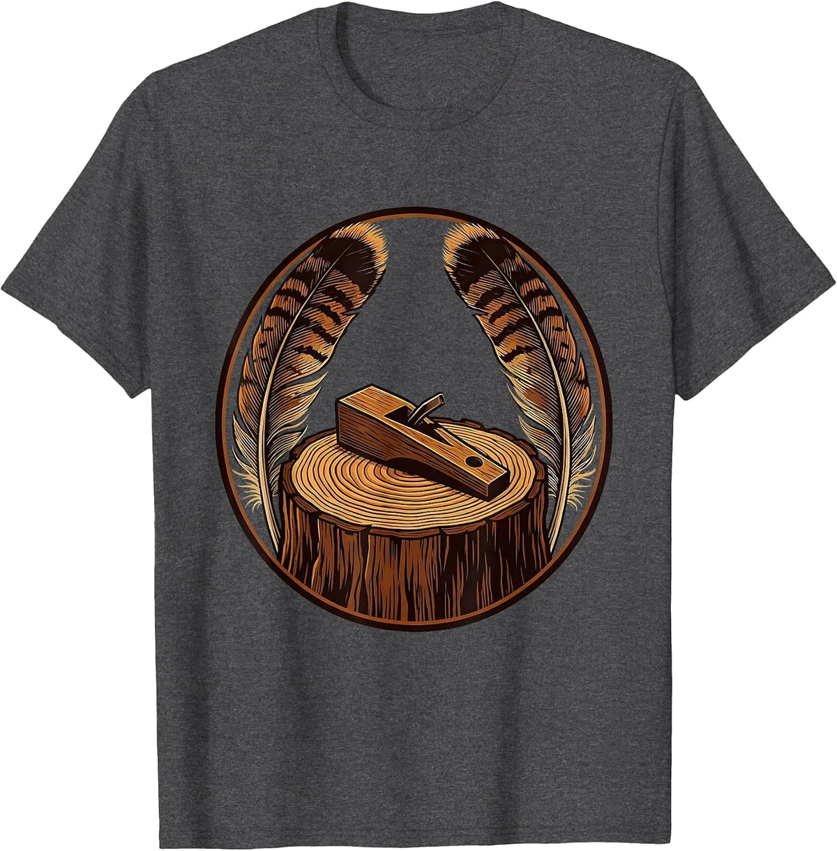 Men's Turkey Call and Feathers on Tree Stump Illustration T-Shirt - Dark Heather Grey
