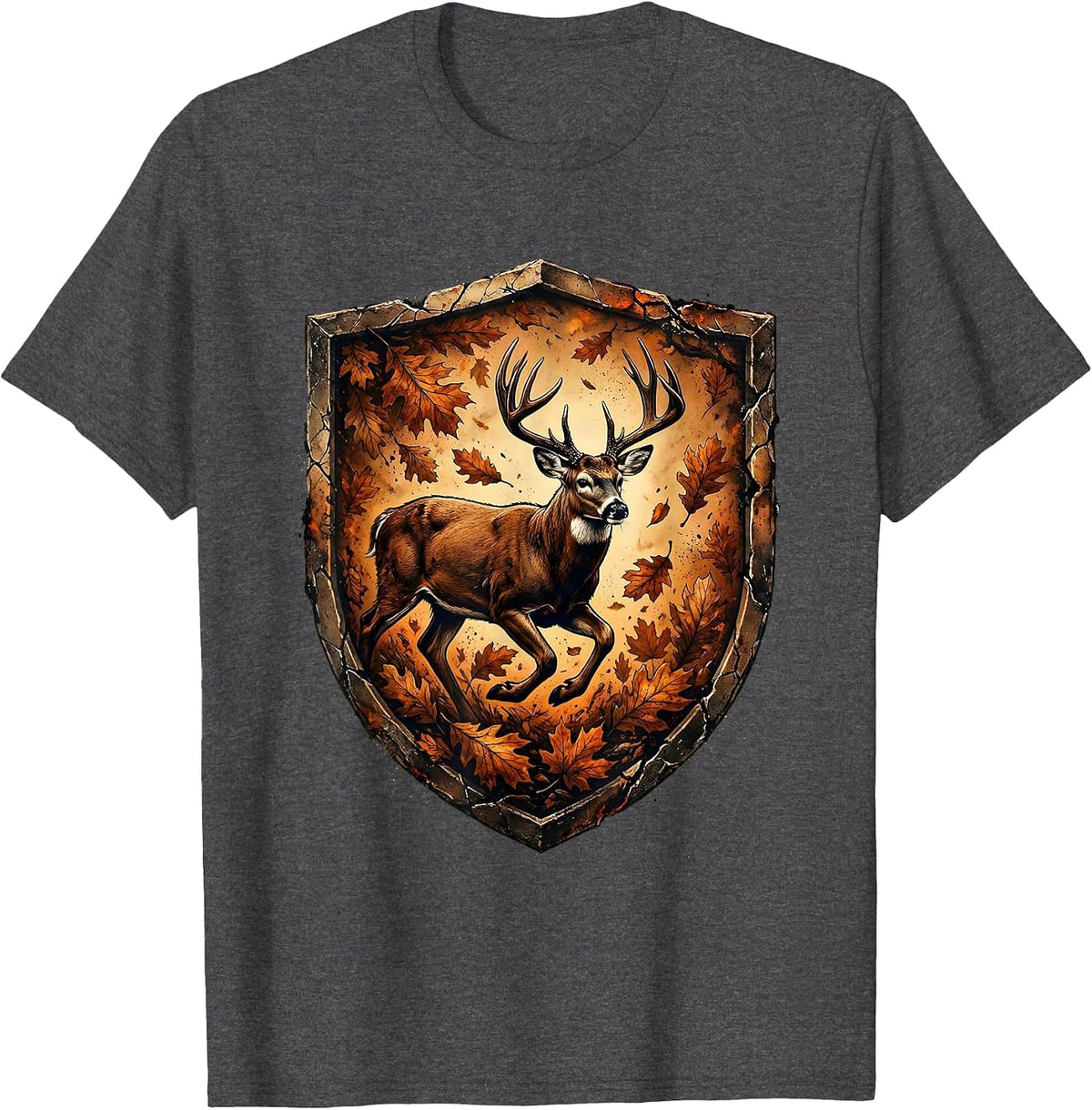 Whitetail Buck Running Through Autumn Leaves Camo T-Shirt - Dark Heather Grey