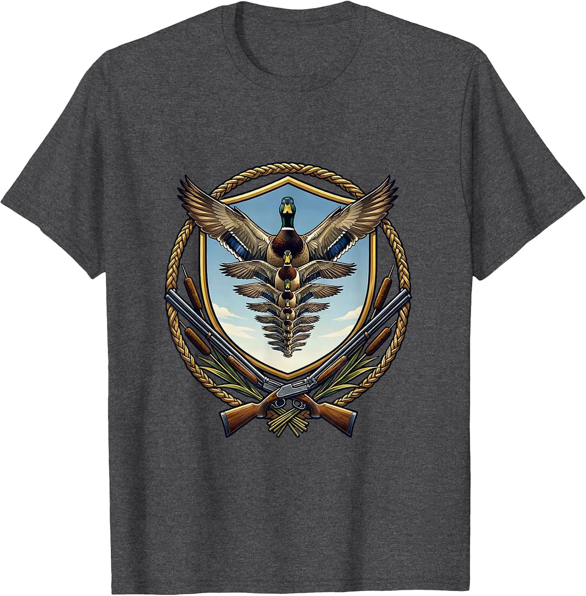 Overhead Flying Ducks V Formation Hunting Design T-Shirt - Dark Heather Grey