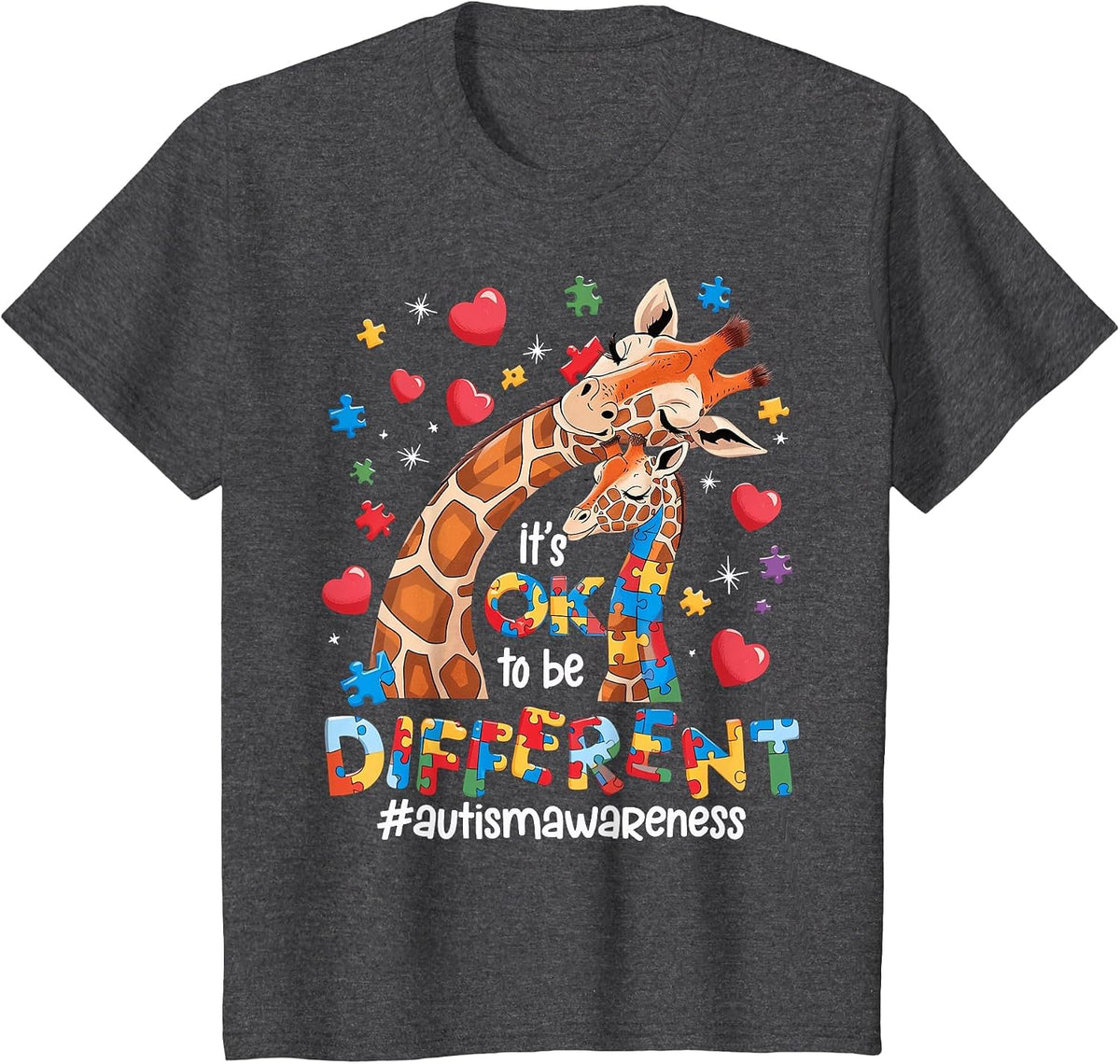 It's OK to Be Different Autism Awareness Cute Giraffe Animal T-Shirt - Dark Heather Grey