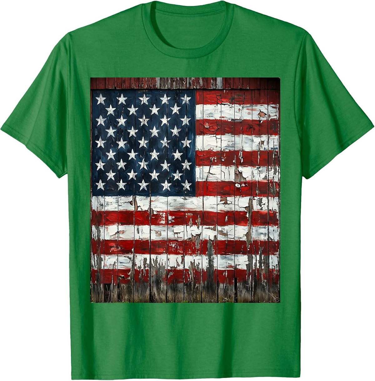 Men's USA Flag Weathered Barn Rustic Patriotic Design T-Shirt - Kelly Green