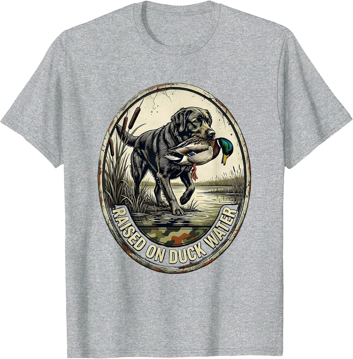 Men's Raised On Duck Water Distressed Hunting Dog Waterfowl Pride T-Shirt - Heather Grey