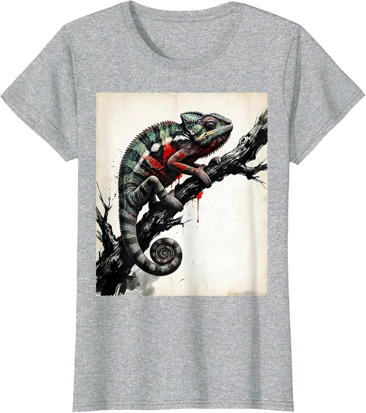 Women's Chameleon on Branch Vibrant Color Change Art T-Shirt - Heather Grey