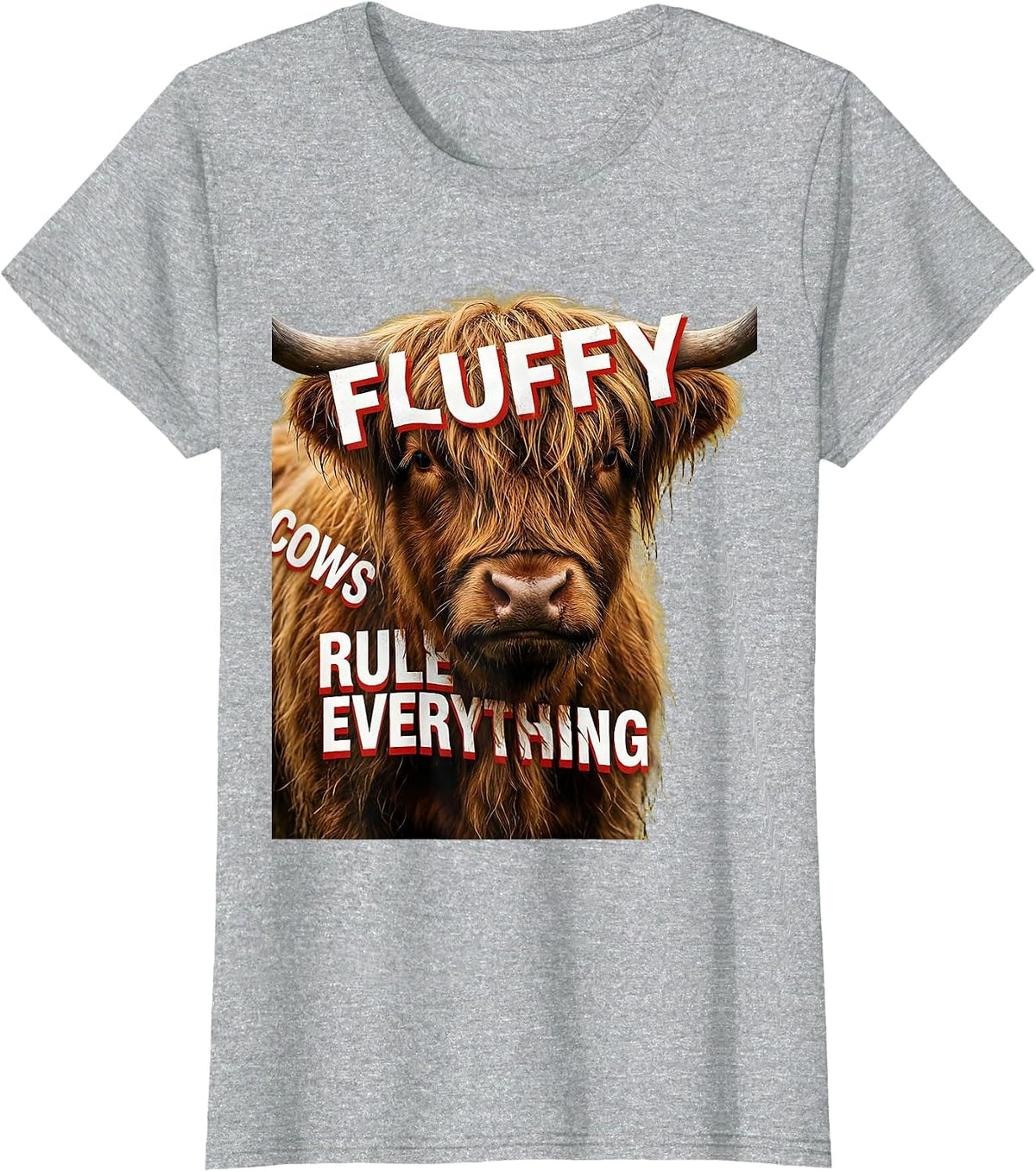 Women's Fluffy Cows Rule Everything Highland Cow Design T-Shirt - Heather Grey