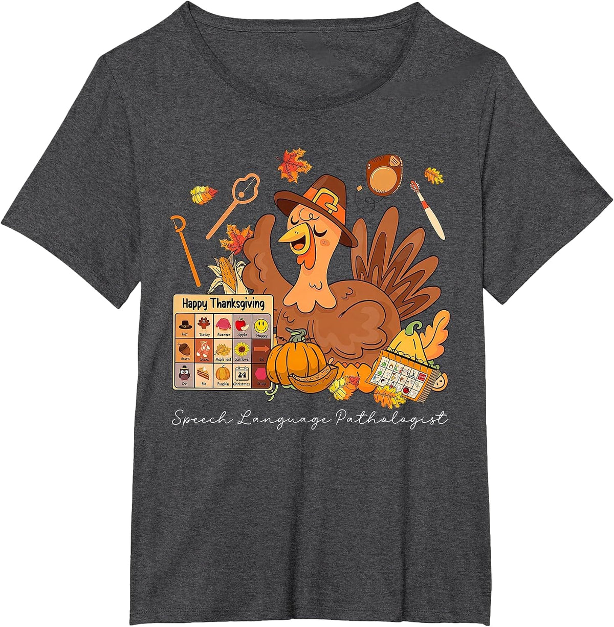 Thanksgiving Speech Therapy Pathologist Turkey Fall Thankful T-Shirt - Dark Heather Grey