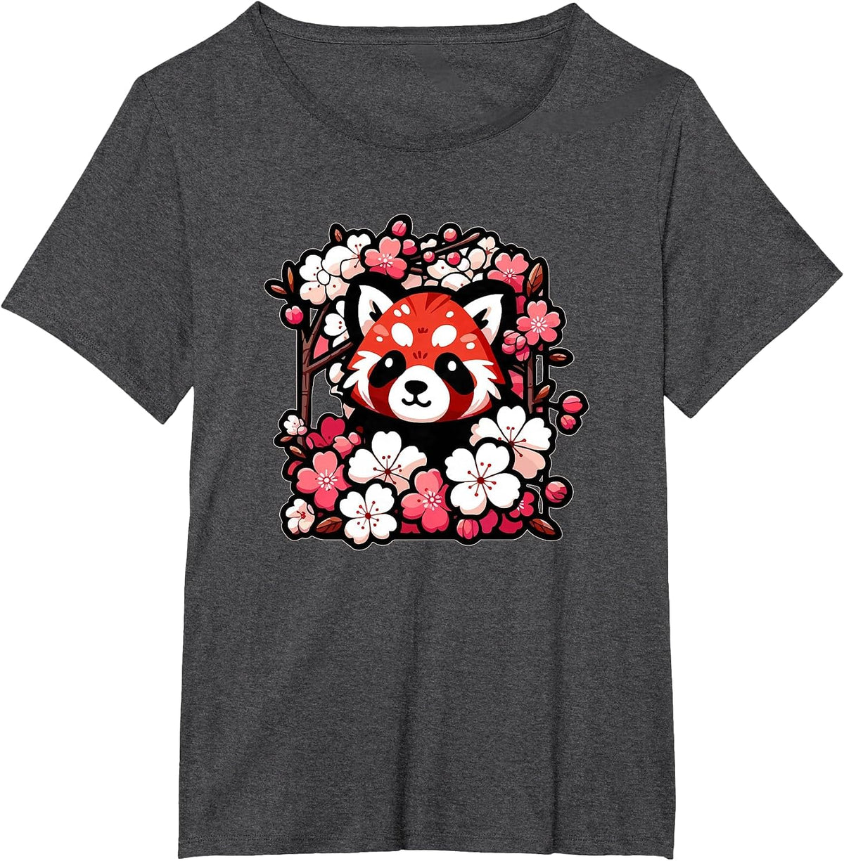 Kawaii Red Panda Japanese Cherry Blossoms Sakura Flower Art Tees T Shirts - Dark Heather Grey