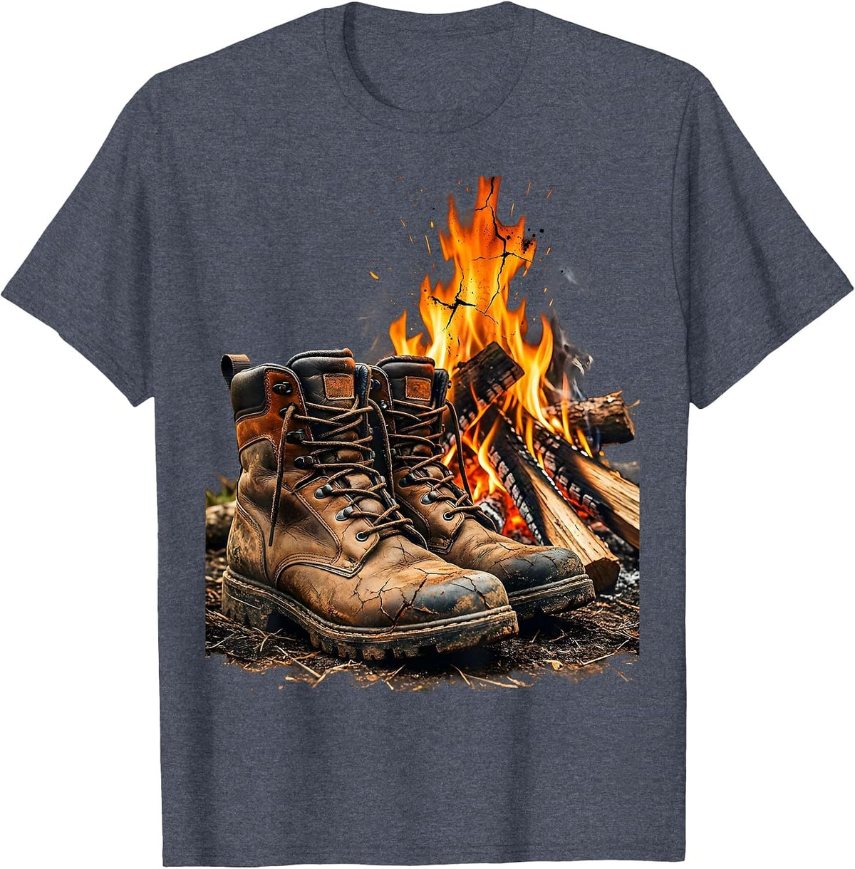 Hunting Boots By The Campfire Outdoors Graphic T-Shirt - Heather Blue
