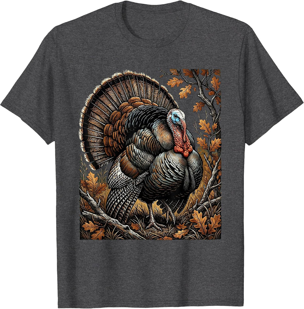 Men's Turkey Strutting Autumn Camo Illustration T-Shirt - Dark Heather Grey