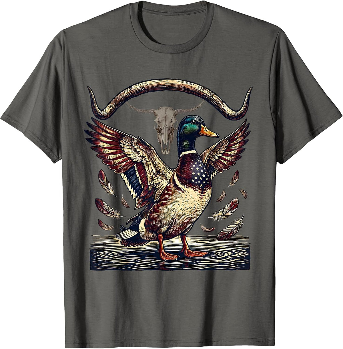 Men's Duck Camo Feathers on Water Illustration T-Shirt - Asphalt Grey
