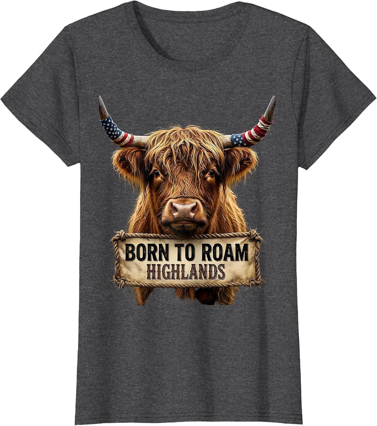 Women's Born to Roam Highlands Highland Cow Design T-Shirt - Dark Heather Grey