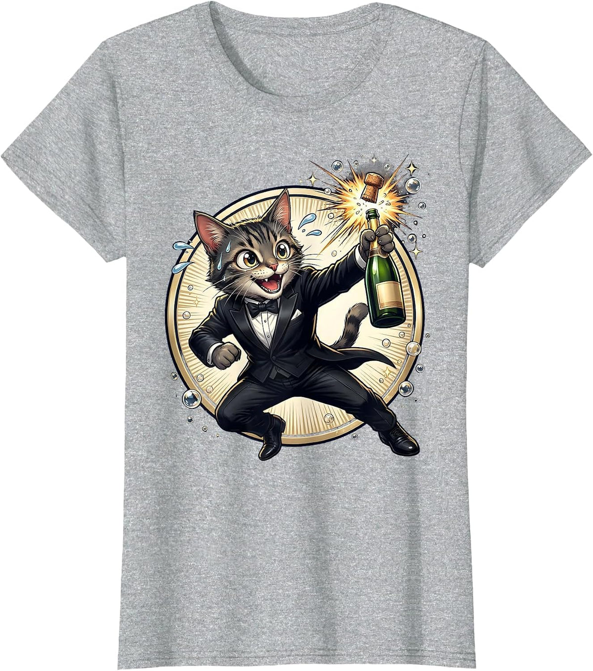 Fancy Cat Champagne Celebration Tuxedo Design T-Shirt - Heather Grey