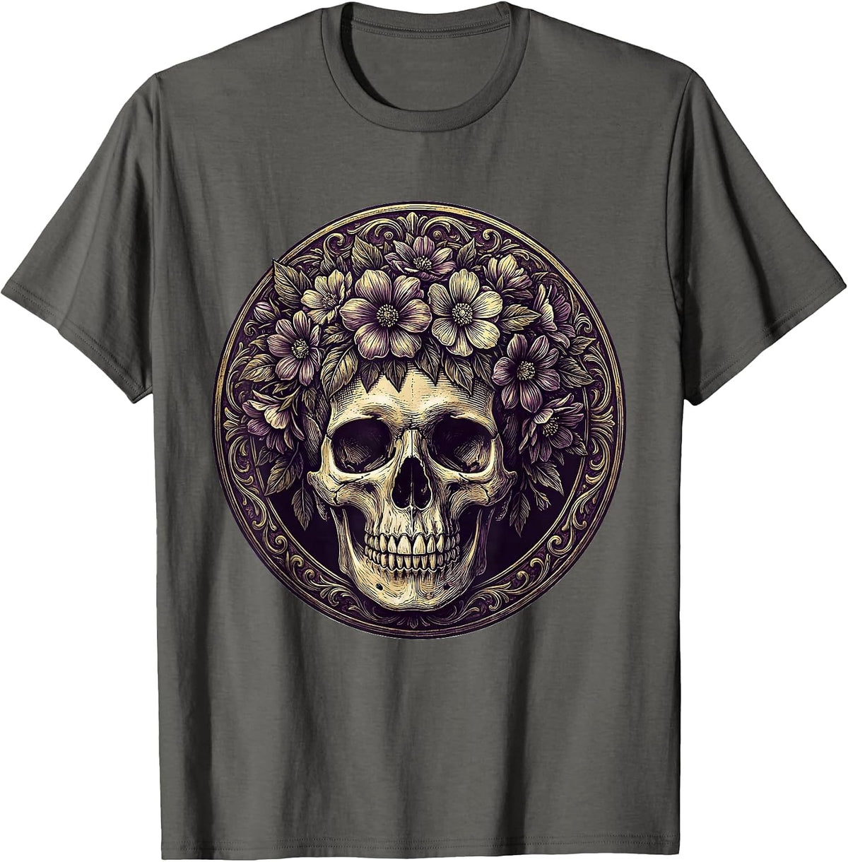 Men's Mardi Gras Skull Floral Crown Purple Gold T-Shirt - Asphalt Grey