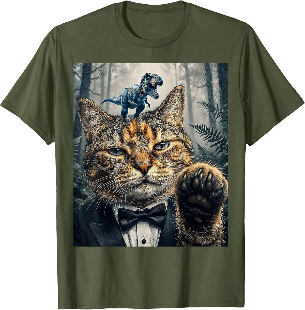 Men's Oversized Deadpan Tuxedo Cat T-Rex Selfie Funny Meme T-Shirt - Olive Green