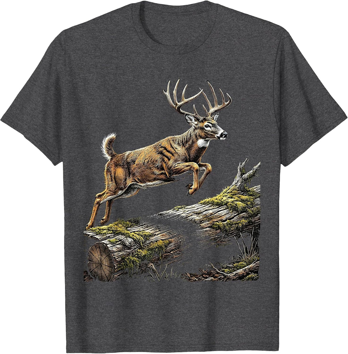 Whitetail Buck Leaping Over Fallen Log Design T-Shirt - Dark Heather Grey