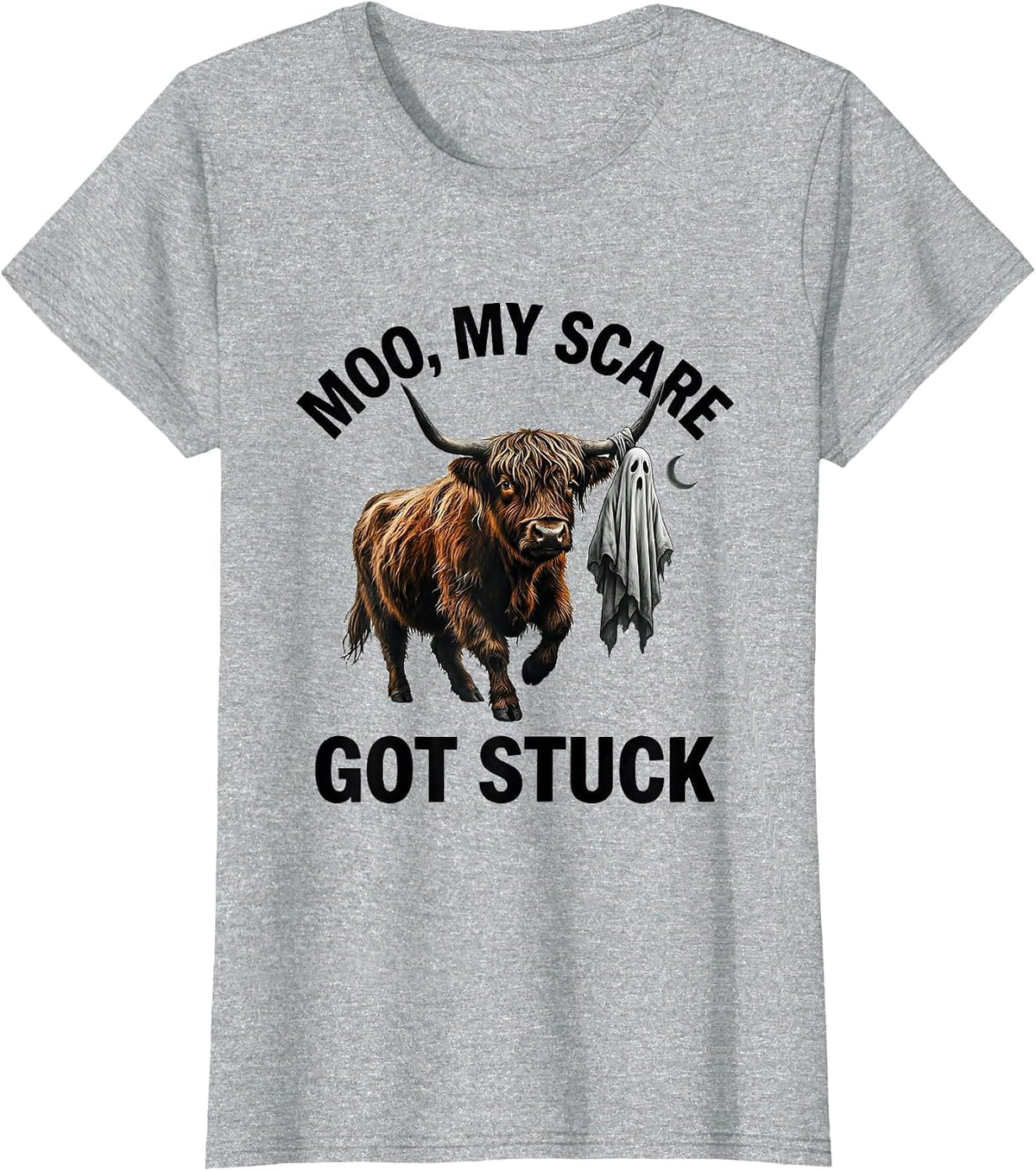 Women's Moo My Scare Got Stuck Funny Highland Cow Halloween Ghost T-Shirt - Heather Grey