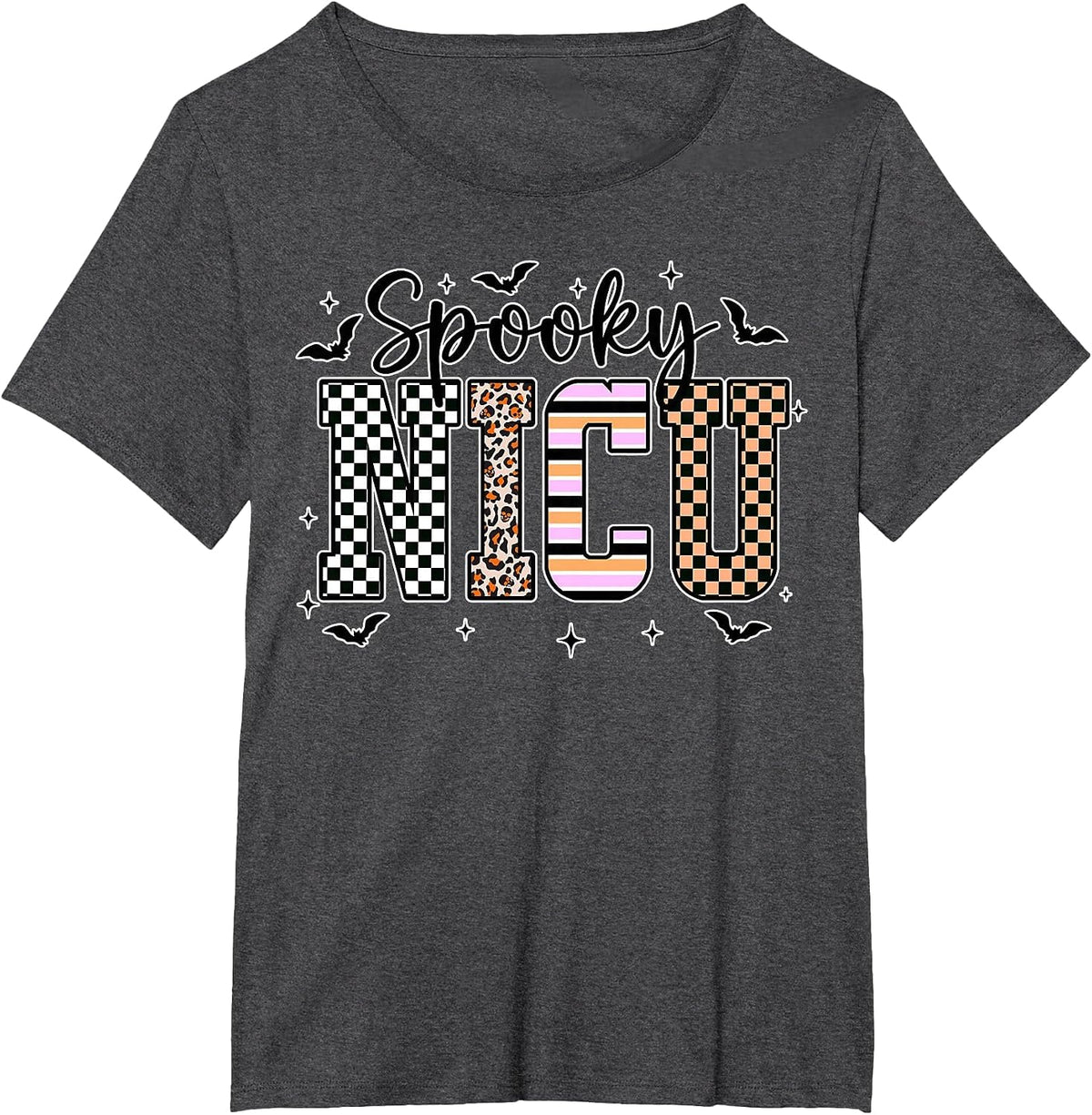 Spooky Nurse CNA NICU RN Halloween Leopard Checkered Nurse T-Shirt - Dark Heather Grey