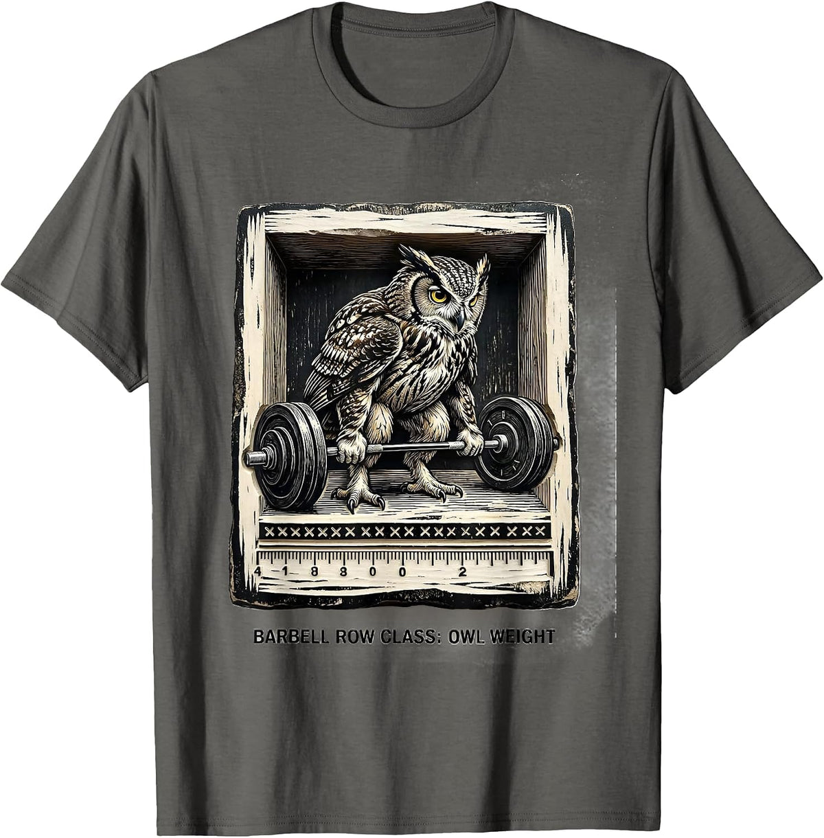 Men's Barbell Row Class: Owl Weight Funny Gym Animal Pun Workout T-Shirt - Asphalt Grey