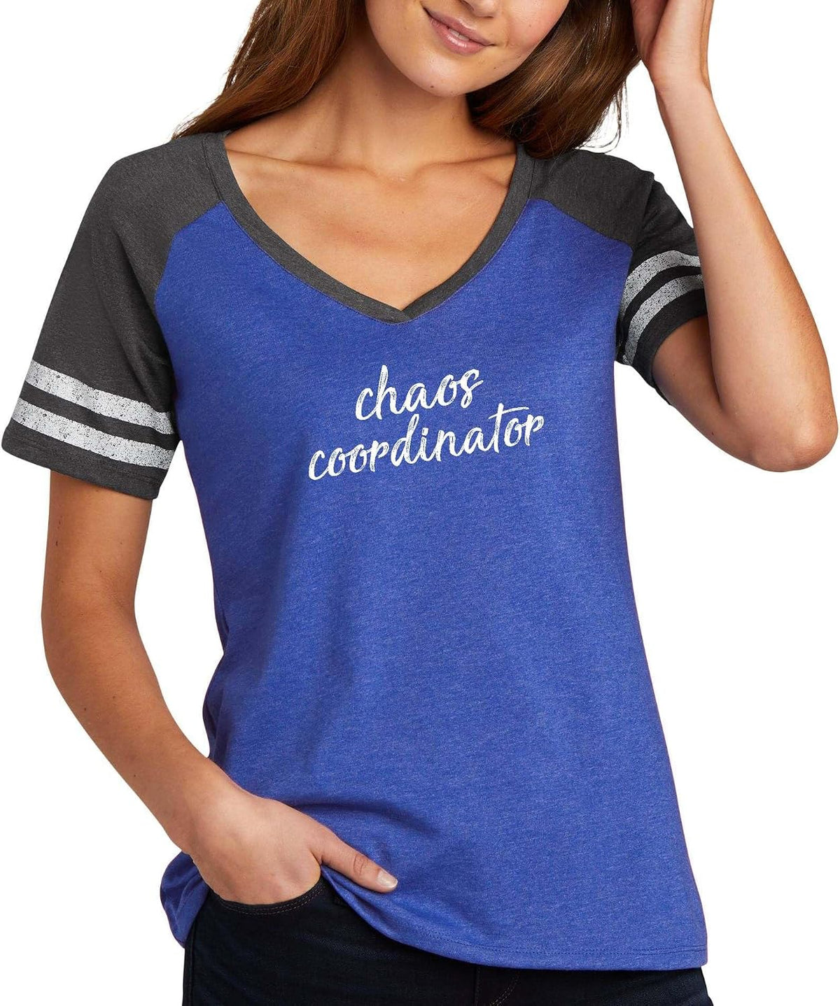 Chaos Coordinator Funny Sarcastic Quote Top Ladies Game Day V-Neck Tee - Ladies V-Neck Heathered True Royal\/Heathered