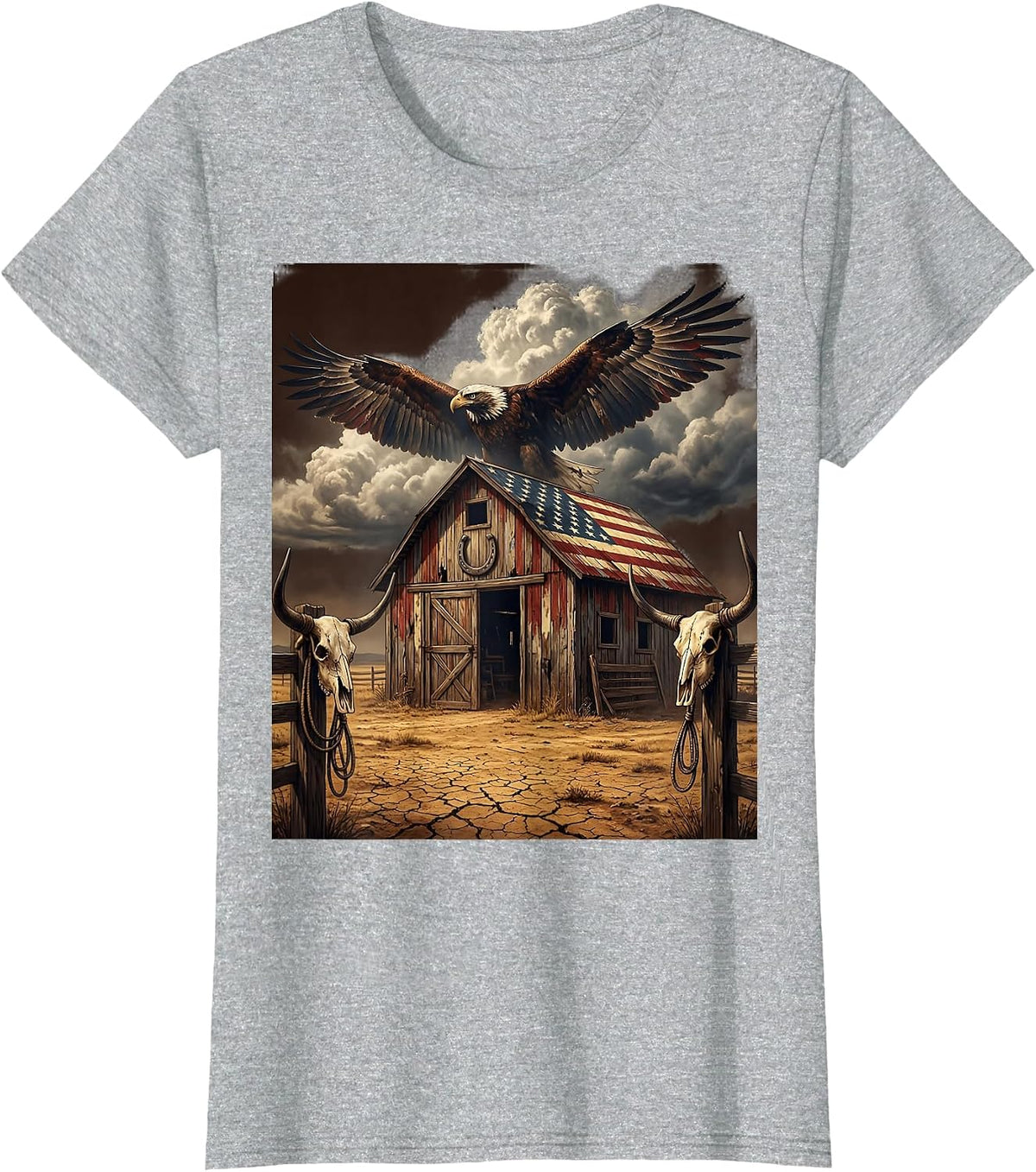 Old Barn Stormy Sky Dramatic Rural Landscape Art T-Shirt - Heather Grey