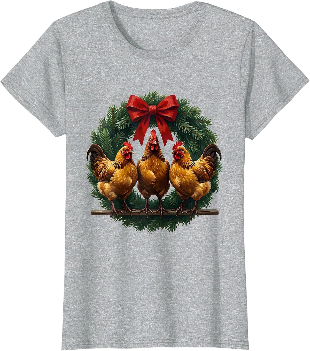 Women's Chickens Wreath Christmas Humor Farm Animal Lover Gift T-Shirt - Heather Grey