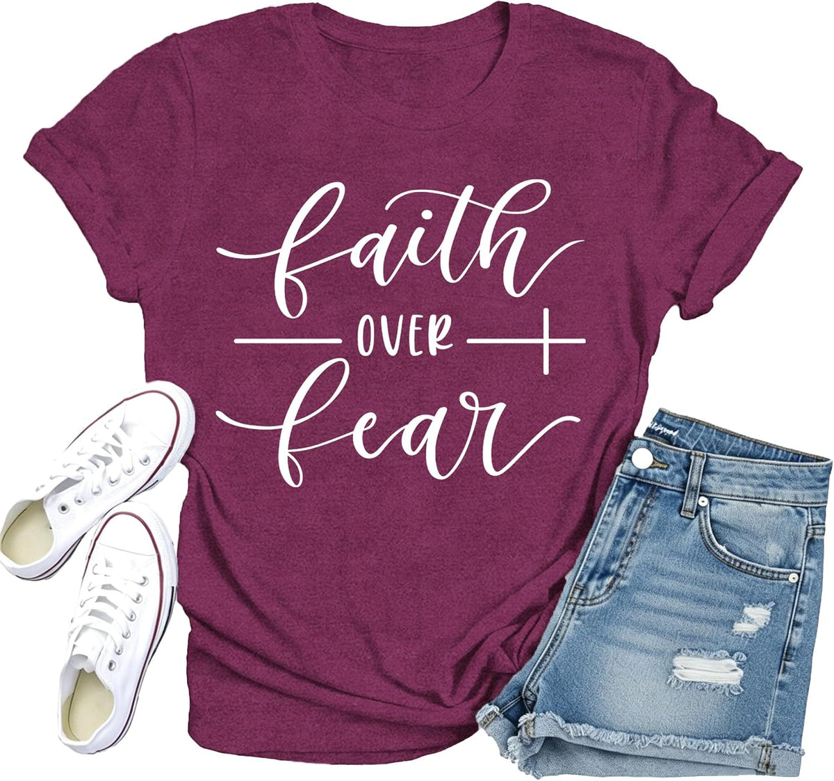Christian Shirts for Women Religious Shirt Faith Over Fear Tee Tops - Darkred
