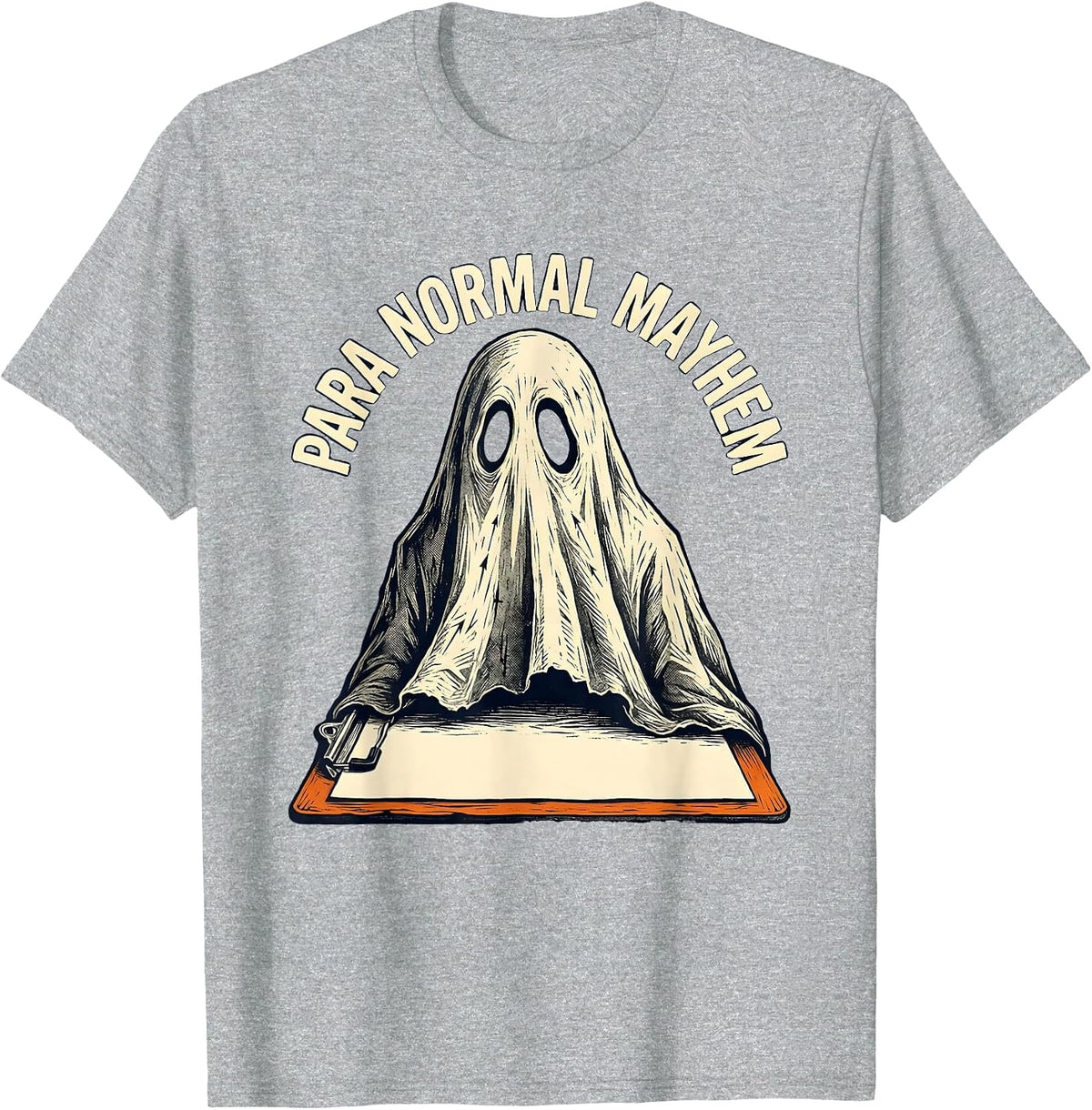 Men's Para Normal Mayhem Linocut Ghost Paraeducator Halloween T-Shirt - Heather Grey