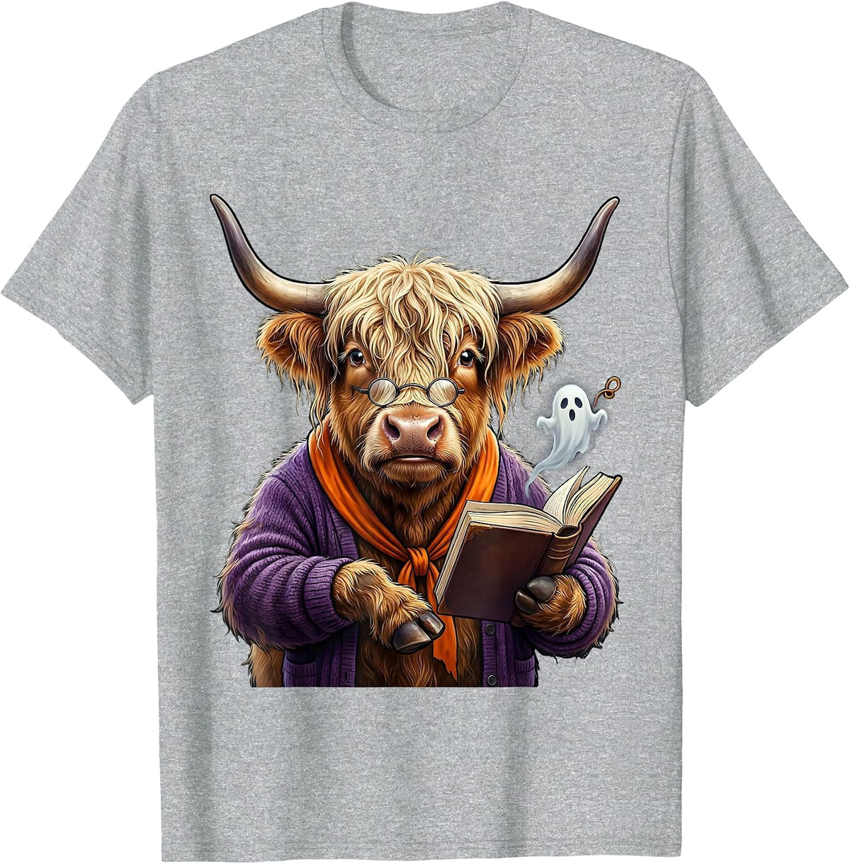 Men's Shaggy Highland Cow Haunted Librarian Halloween Humor T-Shirt - Heather Grey