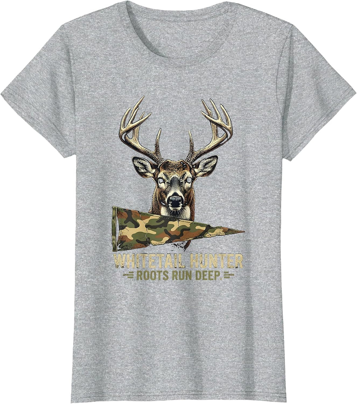 Women's Whitetail Hunter Roots Run Deep Distressed Camo Dad Humor T-Shirt - Heather Grey