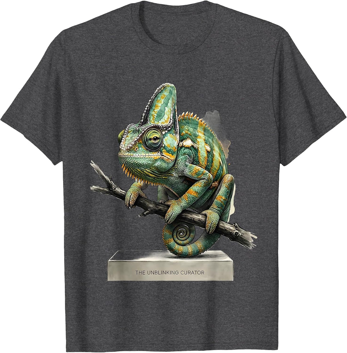 The Unblinking Curator Watercolor Veiled Chameleon Funny T-Shirt - Dark Heather Grey