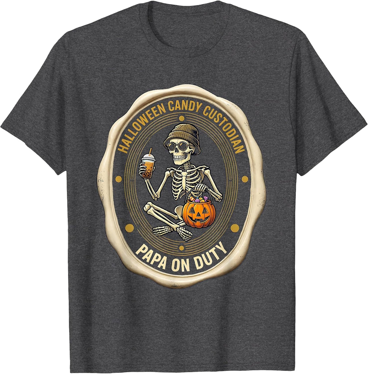 Men's Halloween Candy Custodian — Papa On Duty Skeleton T-Shirt - Dark Heather Grey