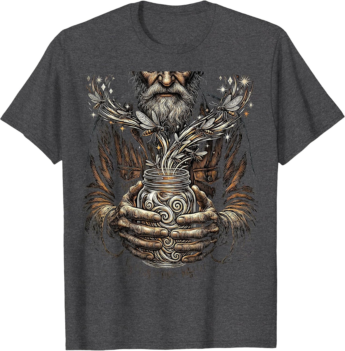 Grandpa Releasing Fireflies From Mason Jar T-Shirt - Dark Heather Grey