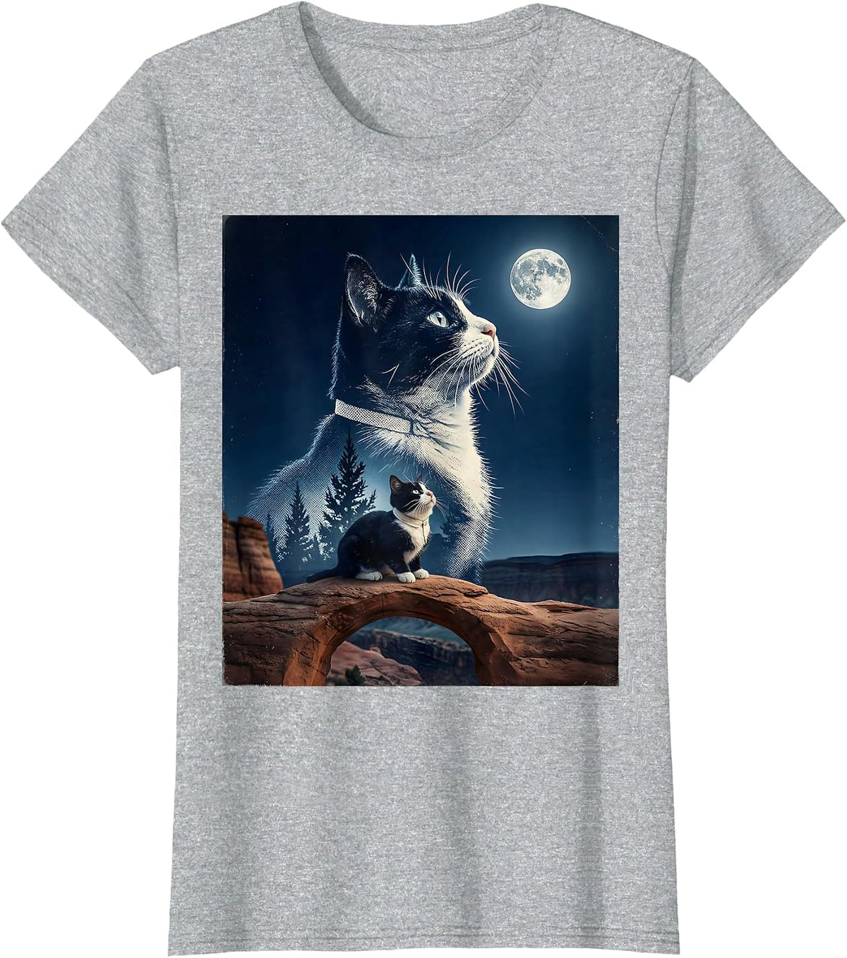 Tuxedo Cat Howling at Moon 90's Retro Vintage T-Shirt - Heather Grey