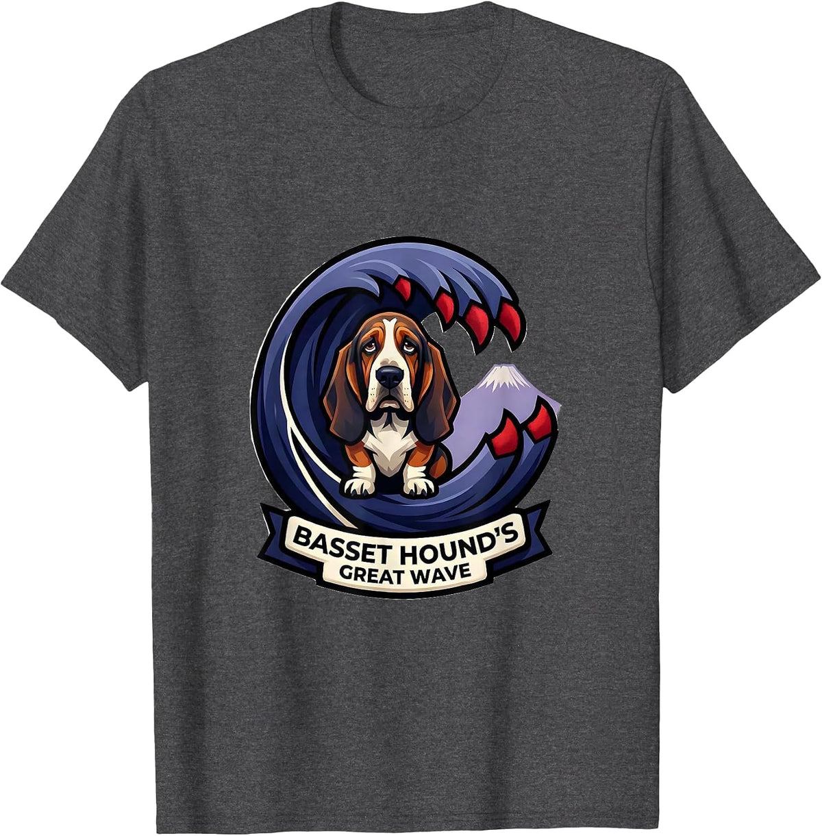 Basset Hound's Great Wave Vintage Japanese Art Dog Lover T-Shirt - Dark Heather Grey