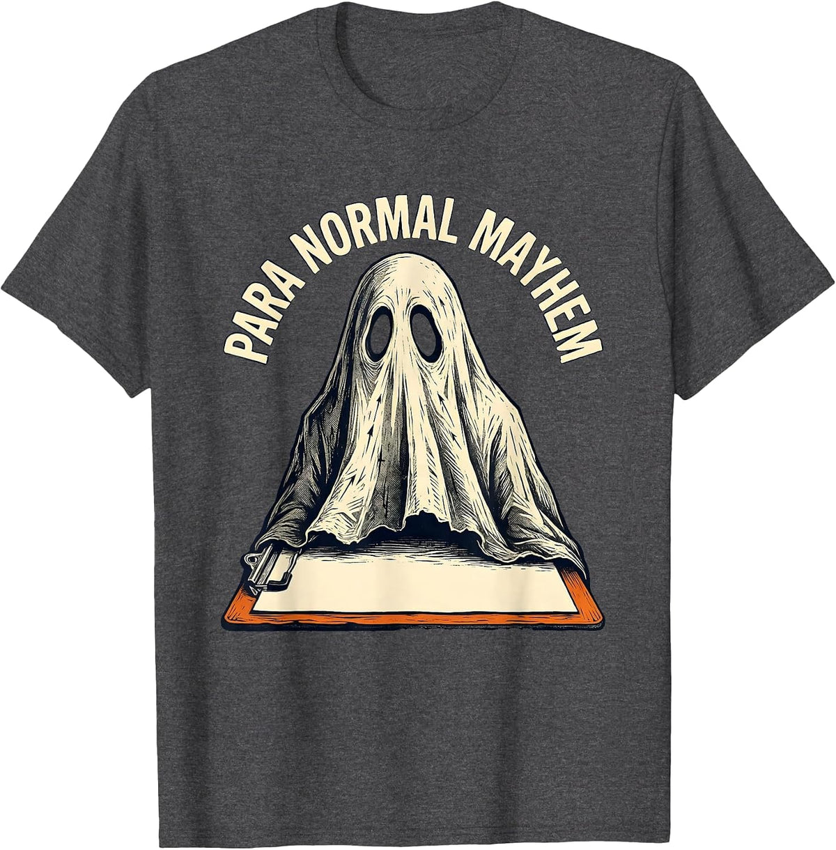 Men's Para Normal Mayhem Linocut Ghost Paraeducator Halloween T-Shirt - Dark Heather Grey