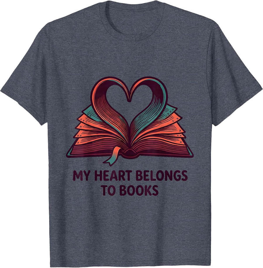 My Heart Belongs To Books Teacher Valentine Book Lover Gift T-Shirt - Heather Blue