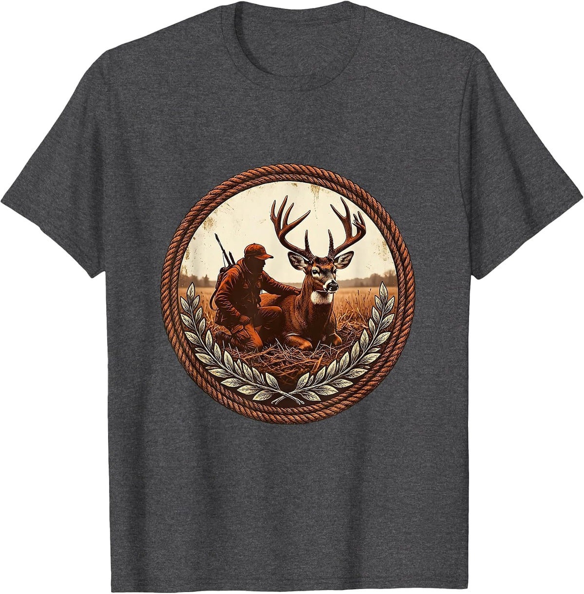 Hunter Kneeling With Harvested Whitetail Buck T-Shirt - Dark Heather Grey