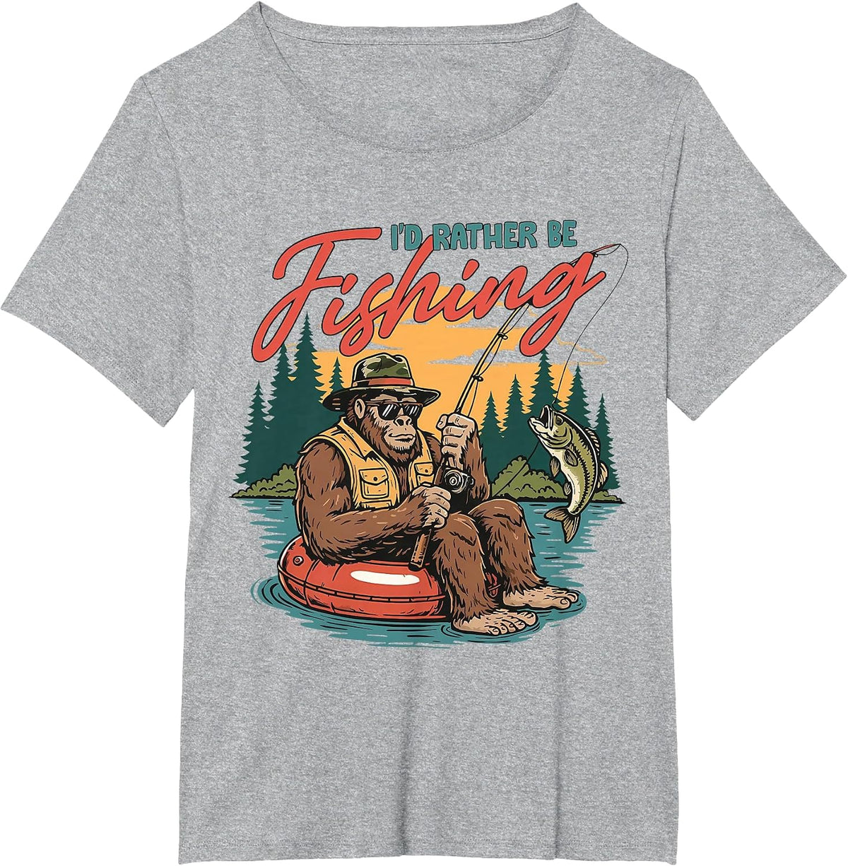 I’d Rather Be Fishing Bigfoot Funny Fisherman Sasquatch Bass T-Shirt - Heather Grey