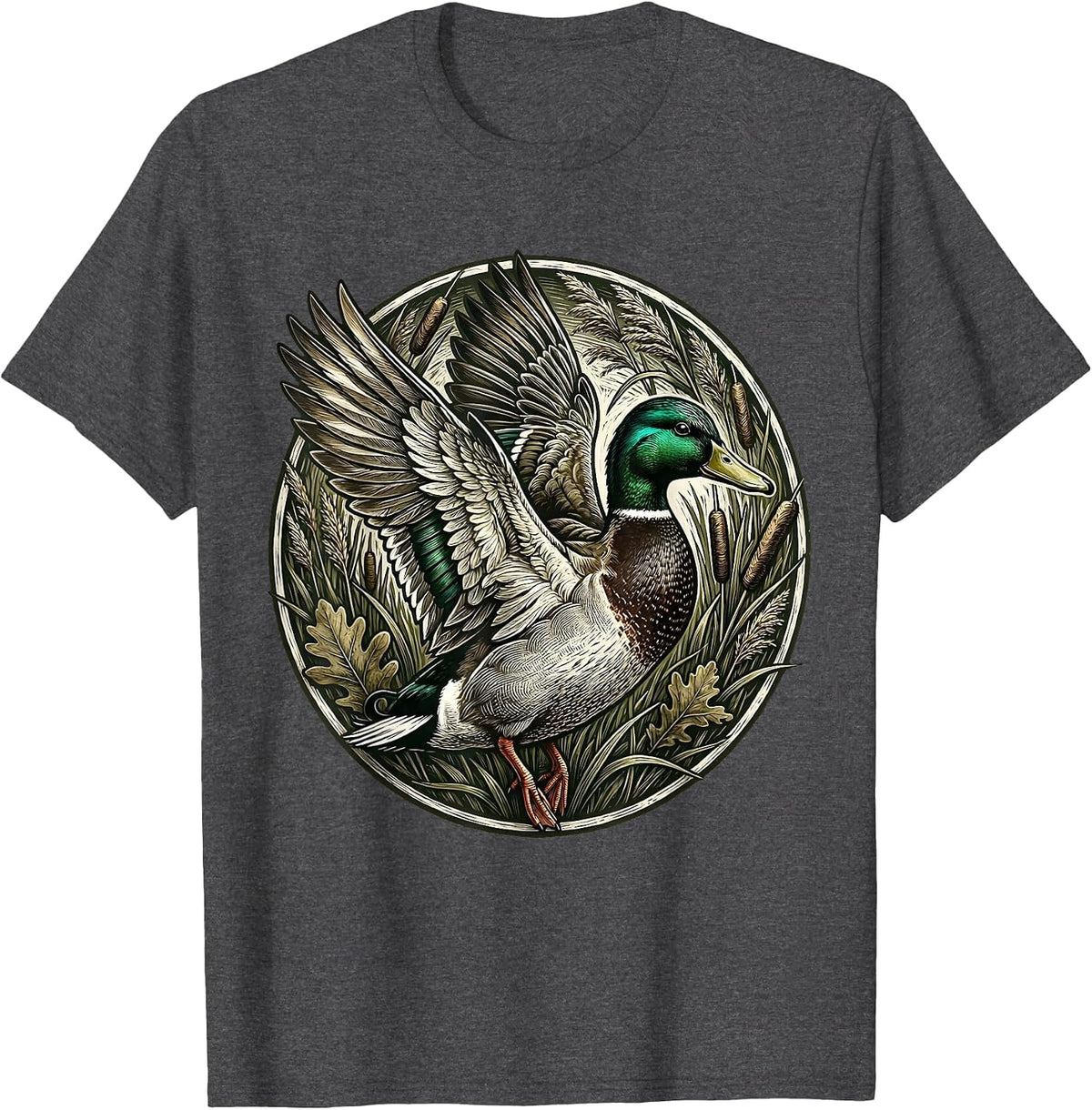 Mallard Duck Bursting Through Camo Foliage T-Shirt - Dark Heather Grey